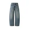 Jeans retro americanos lavados con dobladillo curvo para hombre en otoño, pantalones anchos de pierna recta holgados con estampado de rayo, talla grande, populares