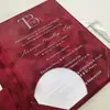 Portatarjetas de invitación de boda de terciopelo burdeos, invitación acrílica repujada en plata, regalo de nicho de alta gama