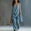 2026 Primavera/Verano Transfronterizo Europeo y Americano Amazon Conjunto de Mujer sin Mangas Cuello Alto Color Sólido Elegante Holgado Algodón Lino Estilo Resort