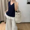 Top colete feminino de malha com retalhos, gola V, modelador, versátil, casual, design retrô de bolinhas, nicho coreano, sem mangas