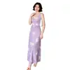 Vestido de tirantes finos con estampado de lirios morados estilo francés, Verano, Ceñidor de cintura, Adelgazante, Abertura, Elegante, Largo, Vestido de hadas