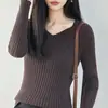 Camiseta básica de punto de manga larga de algodón puro para mujer, suéter de cuello en V, corte ajustado, adecuada para usar como prenda exterior o para capas, nuevo top de punto