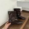 Botas de Ante de Tacón Grueso y Punta Cuadrada para Mujer 2025 Otoño e Invierno Nuevas Botas de Caballero Retro con Hebilla de Cinturón Botines de Viaje para Vacaciones