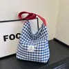 Bolsa de Lona Xadrez Color Block Grande Capacidade Feminina Casual Simples de Ombro Único Bolsa de Compras Estudante Fofa para Passeio