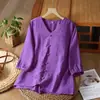 Top Casual Suelto de Moda para Mujer de Verano, Bordado Retro de Algodón y Lino, Cuello en V, Manga Media, Tallas Grandes para Mujeres de Mediana Edad