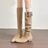 Botas plisadas mate retro para mujer, nuevo estilo otoño/invierno 2026, con hebilla de cinturón, botas de caña alta con punta