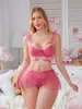 Venta Caliente Transfronteriza Europea y Americana Rosa Sexy Ropa de Interés Emocional Ultra-delgada Transparente Encaje Lencería Set de Tres Piezas