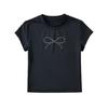 Camiseta de manga corta con lazo de diamantes de imitación para mujer, estilo americano, sexy, ajustada, elástica, para exteriores, parte superior inferior, 2024