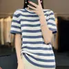 26 Camiseta de Tricô de Algodão Puro com Listras Coloridas e Gola Redonda para Verão, Versátil Fina Manga Curta Estilo Coreano