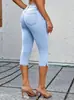 Pantalones vaqueros cropped elásticos de tiro alto color azul claro para mujer, corte ajustado, que realzan la figura, tipo lápiz, tobilleros, transfronterizos
