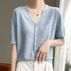 Elegante camiseta de manga corta con estampado oscuro estilo coreano, 26 nuevos estilos de verano, top de punto fino versátil y elegante con cuello en V para mujer