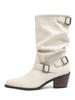 Botines Blancos de Tacón Grueso y Punta Fina para Mujer Otoño Temprano Nuevos Botas Estilo Británico Hebilla de Cinturón Elegantes Botas de Media Pantorrilla