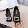 Sapatos de Couro para Meninas, Novos Sapatos Infantis Estilo Primavera, Sapatilhas de Moda Quadradas Elegantes, Sapatilhas Planas Slip-On Antiderrapantes com Strass