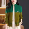 26 Suéter Casual de Punto de Bloque de Color con Cuello Alto de Moda, Cárdigan con Cremallera, Nuevo Abrigo Holgado Adelgazante para Mamá de Mediana Edad