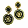 Pendientes Redondos de Esmalte Negro Vintage Qingdao con Relieve Dorado Liso Cabeza de León Pendientes para Mujer
