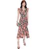 Vestido Longo Plissado Cauda de Peixe com Estampa Floral e Mangas Vazadas, Decote V, Chiffon, Moda Feminina Transfronteiriça Nova Verão 3942