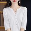 Estambre 6 Lana Nuevo Suelto Cuello Redondo Botones Medio Abierto Manga Corta Manga Media Camiseta Tejida Suelta Talla Grande Top
