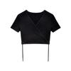 Camiseta para Mulheres com Design Estiloso, Corte Slim, Gola V, Justa ao Corpo, Top Sexy Preto de Manga Curta com Amarração, Novo Modelo Verão 2026
