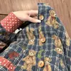 Pijama de Oso con Estampado Cuadros Estilo Coreano para Mujer, Cardigan de Primavera y Otoño con Encaje, Conjunto de Dos Piezas, Ropa de Casa Estilo Retro