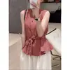 Camisa de Cuadros sin Mangas Estilo Francés para Mujer, Verano 2026, Cuello en V, Cintura de Corbata, Adelgazante, Elegante, Versátil Blusa Top