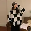 Nuevo Diseño de Estilo Perezoso Otoño e Invierno con Colores Contrastantes, Cuello Redondo, Suéter Pulóver de Cuadros Retro para Mujer, Prendas de Punto de Abrigo Talla Grande