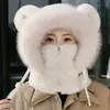 Sombrero de Felpa de Algodón Suave y Esponjoso Lei Feng de Invierno para Mujer, Caliente, Protección para Orejas, Protección contra el Frío, Mascarilla Facial, Calentador de Cuello Integrado, Sombrero Compatible con Casco de Ciclismo