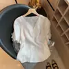 Nova Blusa Feminina de Verão Estilo Novo Bordado Chinês Francês Renda Decote V Manga Curta Linho Temperamento Emagrecedora Versátil Fina