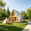 Casa de viaje modular de dos pisos con frontón triangular, escalera lateral exterior, un alojamiento escénico apto para familias