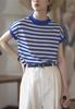 Camiseta de rayas francesas de manga corta para mujer, nueva camiseta de verano holgada, antiedad, informal, elegante, de punto de seda helada, a la moda