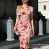Transfronterizo Nuevo Estampado Digital Casual Personalidad Moda Temperamento Vestido de Manga Larga Hombros Descubiertos Falda Primavera y Otoño Mujer