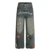 Jeans nuevos para mujer con divertido bordado de toalla de dibujos animados, lavados y desgastados, casuales y versátiles, de pierna recta, adelgazantes, pantalones de pierna ancha