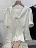 Blusa Texturizada Plisada Estilo Retro Francés Cuello en V 2026 Nuevo Estilo de Verano Manga Abullonada Solapa Diagonal Cintura Ajustada Camisa Top para Mujer