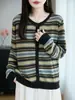 Cárdigan de punto a rayas color block para mujer, nuevo estilo otoño e invierno, cuello redondo, manga larga, lana fina, suéter abrigo versátil Fair Isle