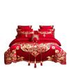 Capa de edredom de algodão de fibra longa com bordado dragão e fênix vermelha, conjunto de quatro peças, roupa de cama vermelha de casamento