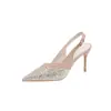 Sandalias de tiras traseras con punta de lentejuelas para mujer, nuevo estilo de verano 2026, zapatos de moda para mujer de tacón medio y alto