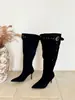 Botas largas de punta con hebilla de cinturón para mujer, nuevo modelo 2026, botas de equitación plisadas de tacón de aguja hasta la rodilla