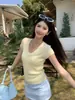 Top de punto amarillo con cuello en U y manga corta para mujer, adecuado para primavera y otoño, nuevo top estilo dopamina Miu 2026, blanco, talla única