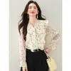 Camisa de Manga Longa com Babados e Bolinhas Estilo Primavera Elegante Versátil Novo Emagrecedor Solto Top com Laço Cor Damasco