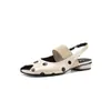 Sandálias Peep-Toe Elegantes e Únicas com Estampa de Bolinhas e Salto Baixo 20226 Novo Modelo de Verão em Couro de Vaca Confortáveis e Deslumbrantes Sapatos Femininos