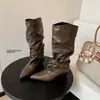 Nuevas Botas Vaqueras Altas de Mujer Otoño/Invierno con Pliegues Libres, Hebillas Trenzadas, Punta Fina, Tacón Grueso, Talla 34-42