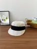 Traje Estilo Sal~ Fenda nas Costas Laço Azul Leite Plissado Linho Falso Chapéu de Pescador para Mulheres, Boné Versátil de Verão para Equitação