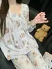 Pijama Longo Macio e Fofo Estilo Doce com Renda para Mulheres Primavera/Outono Conjunto Confortável de Roupa para Casa Feminina Pode Ser Usado Fora