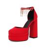 Plataforma impermeável de camada dupla com costura de lycra sandálias de salto grosso sandálias de senhora Baotou Hollow Tassel Buckle tamanho grande