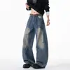 Jeans azul claro de estilo americano com barra curva para homens, calças casuais retas da moda de outono, calças largas lavadas de alta costura
