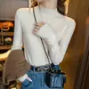 Suéter Tricot Azul Gola Semi-Alta Feminino Outono e Inverno Camada Interna Novo Slim Manga Longa Meia-Gola Top