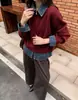 Cárdigan de punto patchwork de mezclilla con cuello para mujer, suéter chaqueta casual holgado de manga larga, nueva moda de otoño e invierno, versátil