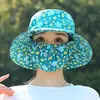 Sombrero de Pescador Floral para Recoger Té, Sombrero para el Sol, Viajes al Aire Libre en Verano, Todo en Uno a Prueba de Polvo y Sol, Cubre Rostro Completo, Sombrero de Copa Plana Anti-UV