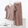 Conjunto de Duas Peças Feminino de Verão: Camiseta de Manga Curta com Decote em V de Modal e Calça Pantalona Solta Tamanho Grande para Casa