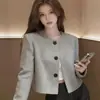 Jaqueta curta de cor sólida para outono, com gola redonda, para mulheres baixinhas, exalando uma vibe sofisticada e elegante, perfeita para um look estiloso e refinado