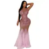 C7825 Transfronteiriço 2026 novo vestido de festa feminino rosa de tule transparente com strass sem mangas justo
